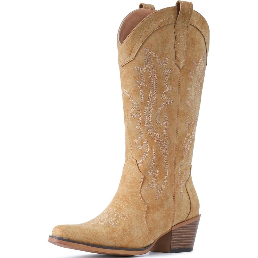 Women's Yellow Brown Western Cowgirl Chunky Heel Mid Calf Snip Toe Insteps Boots - Picture 4 of 6